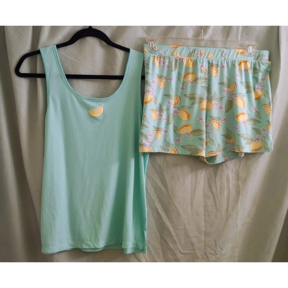 Jaclyn New York 2 Piece Pajama Set Lemon Print Tank & Shorts Medium